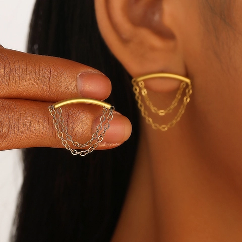 Women's Stainless Steel Alloy Tassel Chain Stud Earrings Minimalist Gold Silver Bow Knot Drop Earrings Fashion Jewelry Gift