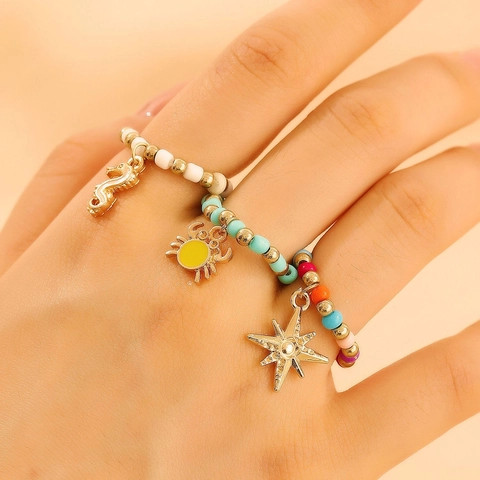 Handmade Beaded Ring Collection For Women Colorful Seed Beads Elastic Finger Rings Gold Alloy Seahorse Crab Star Charms