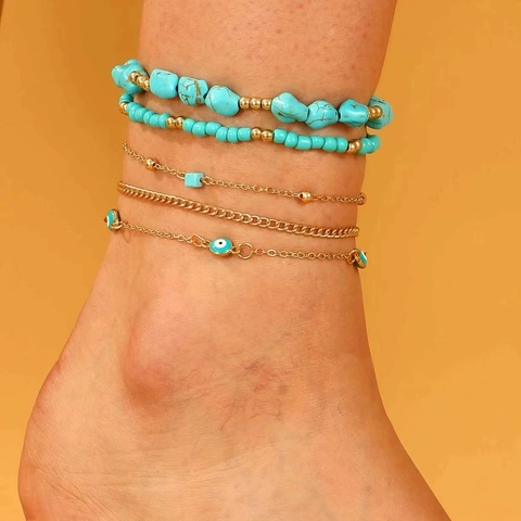 Ensemble de Bracelets de Cheville Multicouches Bohème avec Perles et Pierre Concassée Mauvais Œil pour Femmes Or Alliage Bijoux de Plage
