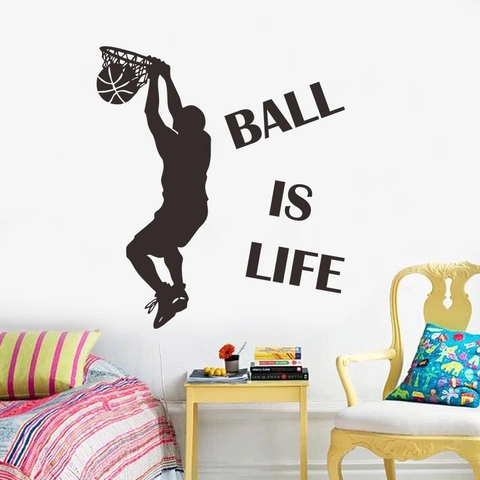 Ball Is Life Basketball Player Dunking Silhouette Wall Sticker Removable Sport PVC Decal For Bedroom Living Room Decor