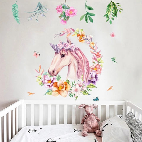 Watercolor Unicorn Wall Stickers With Flower Wreath Butterfly PVC Removable Wall Decal For Kids Nursery Girls Bedroom Home Decor