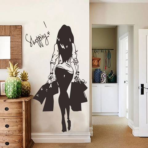 Adesivo da Parete Silhouette Ragazza Shopping Alla Moda Decalcomania da Parete Decorativa in PVC Rimovibile per Camera da Letto Soggiorno Casa Murale Nero