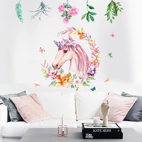 Watercolor Unicorn Wall Stickers With Flower Wreath Butterfly PVC Removable Wall Decal For Kids Nursery Girls Bedroom Home Decor