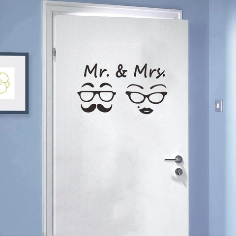 Mr And Mrs Creative Wall Stickers For Bathroom Door Decor PVC Removable Glasses Mustache Lips Pattern Waterproof Decal