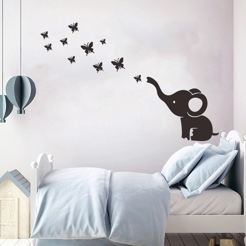 Cartoon Elefant Und Schmetterling Wandaufkleber PVC Abnehmbare Selbstklebende Dekoration Für Kinderzimmer Schlafzimmer Schwarz Silhouette