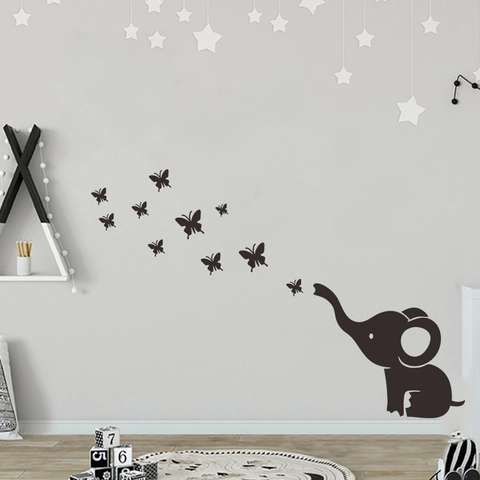 Cartoon Elefant Und Schmetterling Wandaufkleber PVC Abnehmbare Selbstklebende Dekoration Für Kinderzimmer Schlafzimmer Schwarz Silhouette