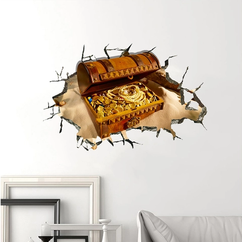3D Broken Wall Floor Sticker PVC Treasure Chest Gold Coins Removable Wall Decal For Living Room Commercial Mall Home Decor
