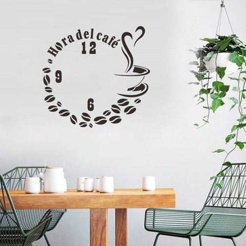 Sticker Mural Créatif Temps du Café Espagnol Hora del Café Design Horloge PVC Amovible pour Café Cuisine Décor