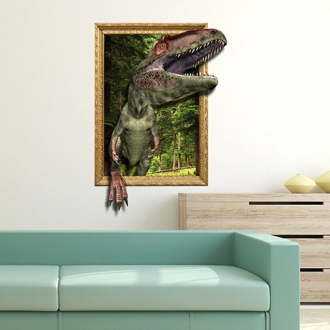 Sticker Mural 3D Dinosaure Réaliste Avec Cadre Doré Effet Rupture de Mur PVC Décoration pour Chambre Enfant