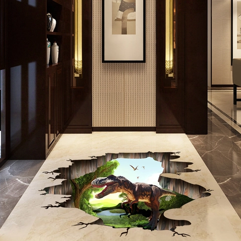 3D Realistic T-Rex Dinosaur Floor Sticker Removable PVC Broken Wall Decal For Kids Room Living Room Creative Home Decoration