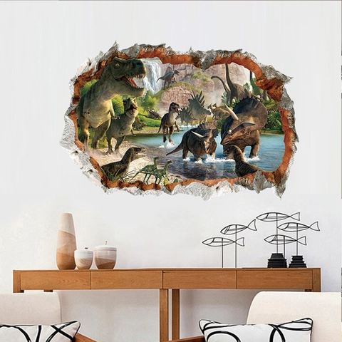 3D Mur Cassé Dinosaure Sticker Mural PVC Décalcomanie Amovible Pour Chambre d'Enfant Salon Décor Paysage Réaliste