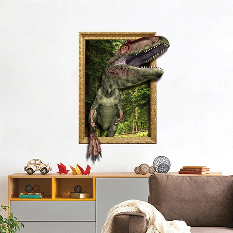 Sticker Mural 3D Dinosaure Réaliste Avec Cadre Doré Effet Rupture de Mur PVC Décoration pour Chambre Enfant