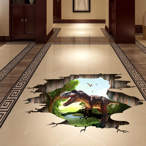 3D Realistic T-Rex Dinosaur Floor Sticker Removable PVC Broken Wall Decal For Kids Room Living Room Creative Home Decoration