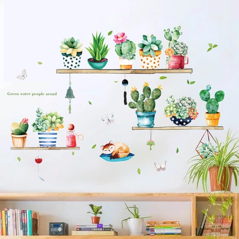 Estilo Nórdico Acuarela Plantas Suculentas Cactus Pegatinas de Pared PVC Bricolaje Zorro Mariposa Planta en Maceta Decoración Para Sala de Estar Dormitorio