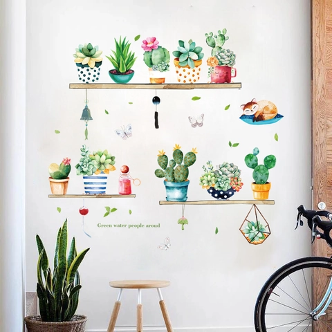 Estilo Nórdico Acuarela Plantas Suculentas Cactus Pegatinas de Pared PVC Bricolaje Zorro Mariposa Planta en Maceta Decoración Para Sala de Estar Dormitorio
