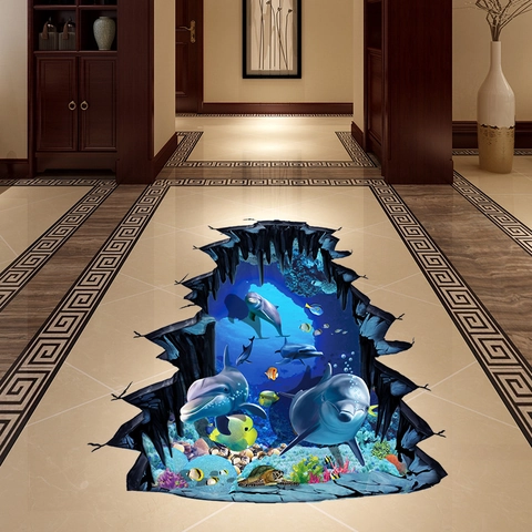 3D Ocean Dolphin PVC Wall Stickers Waterproof Removable Sea Turtle Coral Reef Broken Floor Decals For Home Decor