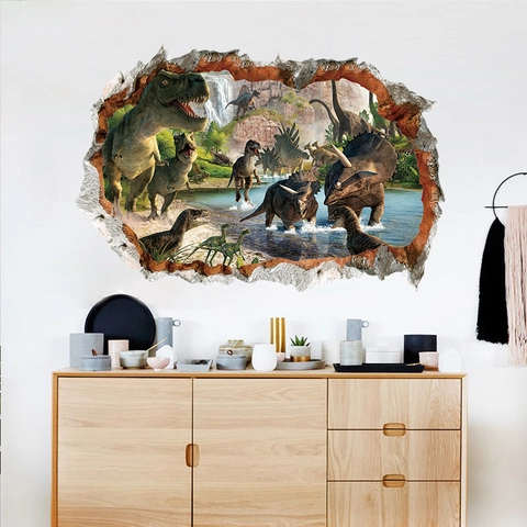 3D Mur Cassé Dinosaure Sticker Mural PVC Décalcomanie Amovible Pour Chambre d'Enfant Salon Décor Paysage Réaliste