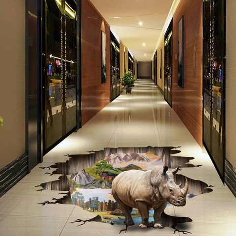 3D Rhino Animal Floor Wall Sticker Creative Broken Wall Nature Landscape Removable PVC Self Adhesive Decor For Living Room Hotel