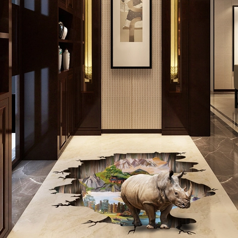 3D Rhino Animal Floor Wall Sticker Creative Broken Wall Nature Landscape Removable PVC Self Adhesive Decor For Living Room Hotel
