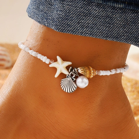 Tobillera de Cuentas de Estrella de Mar y Concha Bohemia para Mujer Joyería de Vacaciones de Verano en la Playa Tobillera de Resina con Perla Artificial Hecha a Mano