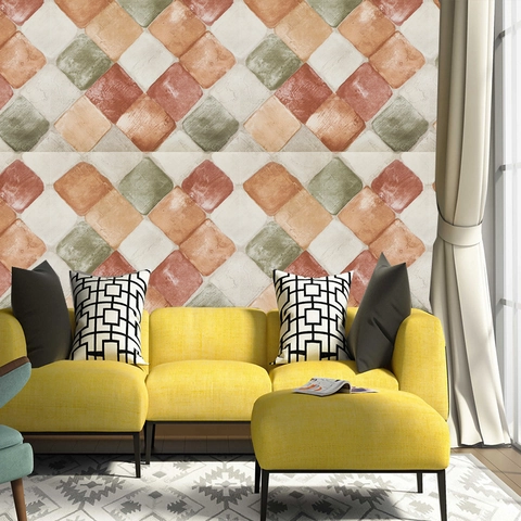 Vintage Geometrische Quadrat Selbstklebende Tapete Wasserdicht PVC Wandaufkleber Für Wohnzimmer Schlafzimmer Dekor