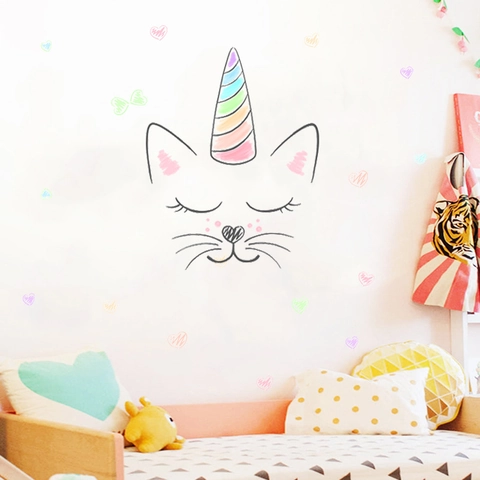 Cute Watercolor Caticorn Wall Sticker Rainbow Heart Unicorn Cat Face Decal For Kids Room Nursery Kindergarten PVC Removable Wall Art