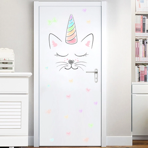 Cute Watercolor Caticorn Wall Sticker Rainbow Heart Unicorn Cat Face Decal For Kids Room Nursery Kindergarten PVC Removable Wall Art