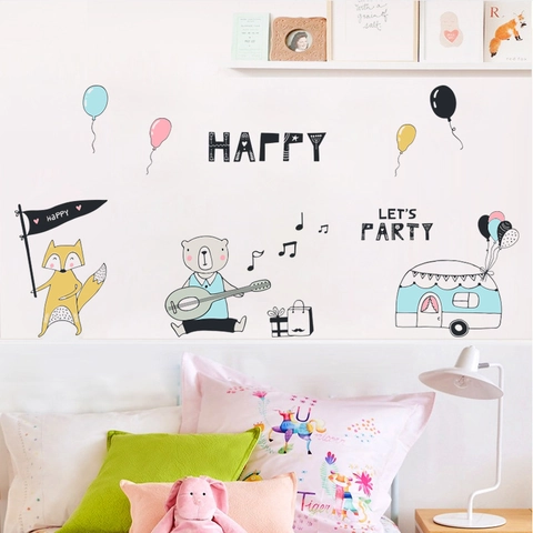 Cartoon Bear Fox Music Party Wall Stickers PVC Decals For Nursery Kids Room Decor Happy Let's Party Theme Hand-Drawn Style