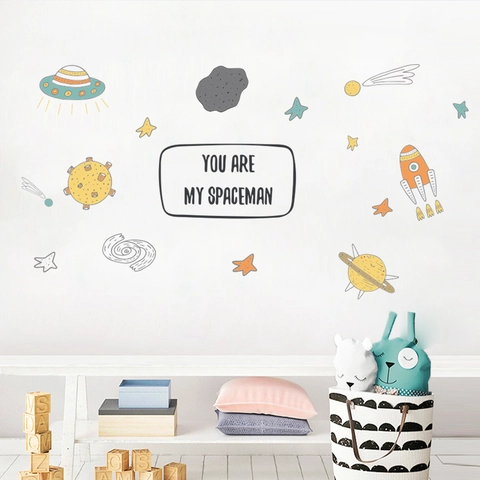 Cartoon Space Theme Wall Stickers Rocket UFO Planet Meteorite PVC Removable Wall Decal For Kids Room Bedroom Home Decor