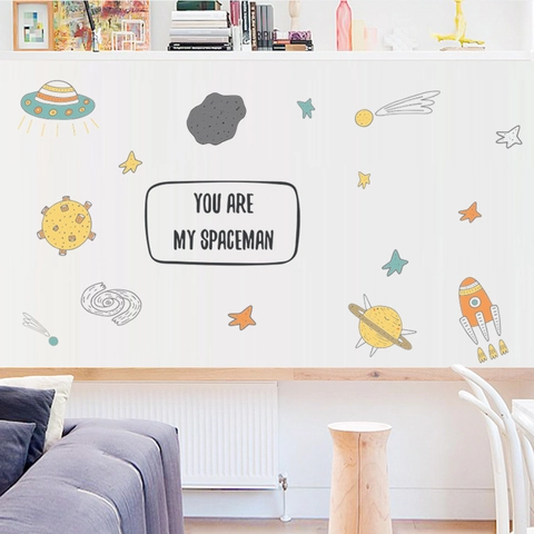 Cartoon Space Theme Wall Stickers Rocket UFO Planet Meteorite PVC Removable Wall Decal For Kids Room Bedroom Home Decor