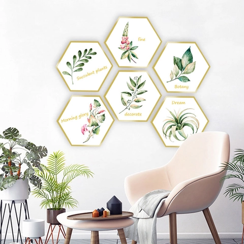 Hexagonale Nordische Botanische PVC Wandaufkleber Abnehmbare Grüne Pflanzen Blumen Wandtattoos Für Wohnzimmer Schlafzimmer