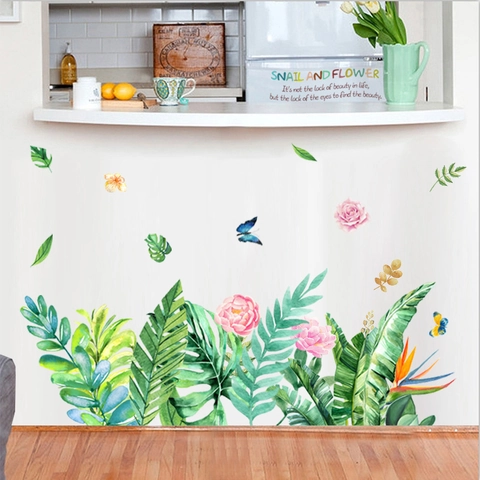 Aquarell Tropische Pflanzen Wandsticker Monstera Blätter Rosa Blumen Schmetterlinge Wasserdicht PVC Wandtattoos Home Decor