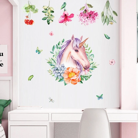 Watercolor Unicorn Flower Wreath Wall Sticker PVC Waterproof Removable Decal For Kids Nursery Room Bedroom Background Wall Decor