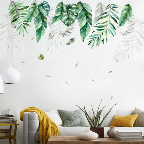 Adesivi Murali Foglie Verdi Tropicali Nordiche Decalcomanie in PVC Rimovibili Foglia di Palma Monstera per Soggiorno Camera da Letto
