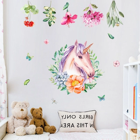 Watercolor Unicorn Flower Wreath Wall Sticker PVC Waterproof Removable Decal For Kids Nursery Room Bedroom Background Wall Decor