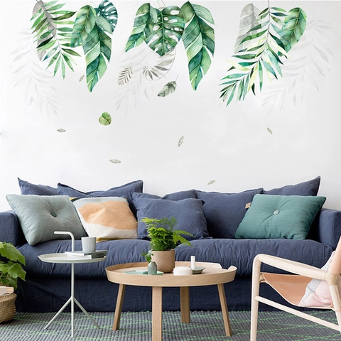 Adesivi Murali Foglie Verdi Tropicali Nordiche Decalcomanie in PVC Rimovibili Foglia di Palma Monstera per Soggiorno Camera da Letto