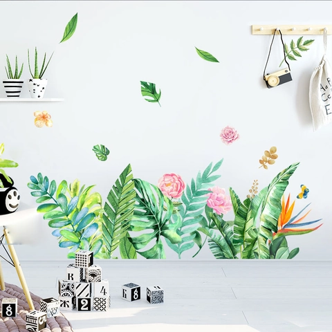 Aquarell Tropische Pflanzen Wandsticker Monstera Blätter Rosa Blumen Schmetterlinge Wasserdicht PVC Wandtattoos Home Decor