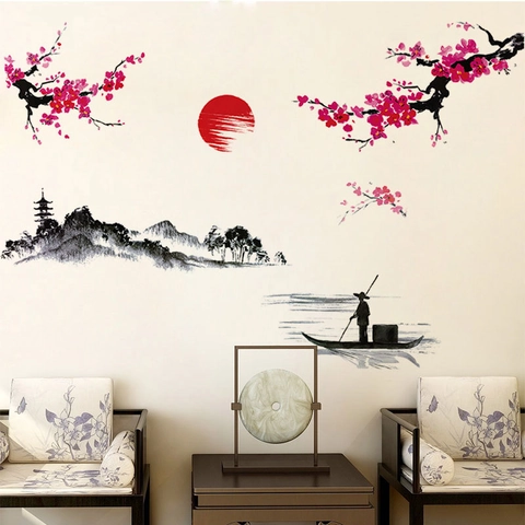 Chinese Ink Style Plum Blossom Mountain River Sun Removable PVC Wall Sticker For Living Room Sofa Background Home Decor