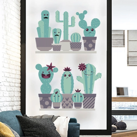 Pegatinas de Pared de Cactus en Maceta de Dibujos Animados Nórdicos PVC Autoadhesivas Lindas Expresiones para Sala de Estar