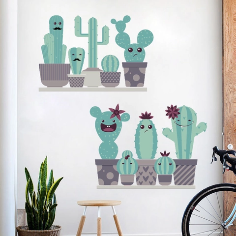 Pegatinas de Pared de Cactus en Maceta de Dibujos Animados Nórdicos PVC Autoadhesivas Lindas Expresiones para Sala de Estar