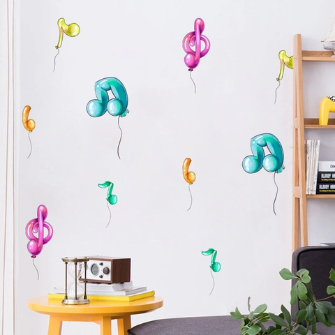 Multicolor Musical Note Balloon Wall Stickers PVC 3D Effect Cartoon Inkjet Printing Decals For Kids Room Kindergarten School Background Decor