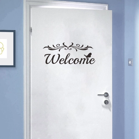 Welcome Quote Removable PVC Wall Sticker Black Artistic Lettering With Butterfly Vine Door Decal For Home Decor