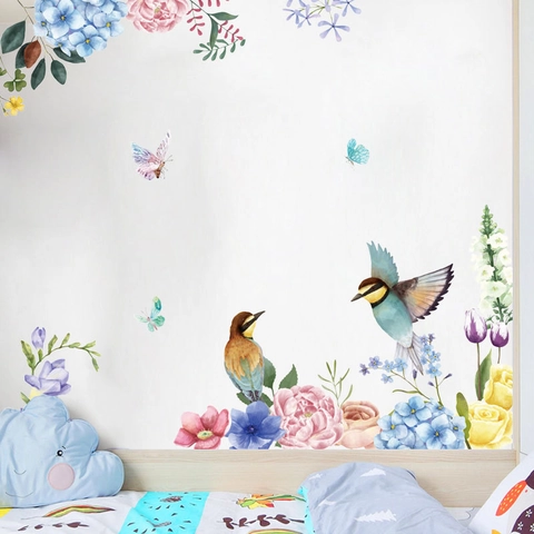 Watercolor Floral Bird Butterfly Wall Sticker Removable PVC Window Decal Hand Painted Style Home Decor Living Room Bedroom