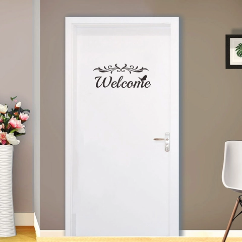 Welcome Quote Removable PVC Wall Sticker Black Artistic Lettering With Butterfly Vine Door Decal For Home Decor