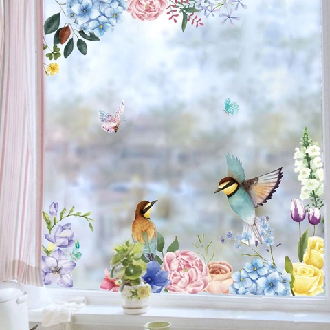 Watercolor Floral Bird Butterfly Wall Sticker Removable PVC Window Decal Hand Painted Style Home Decor Living Room Bedroom