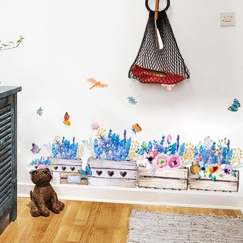 Adesivi da Parete in PVC Acquerello Lavanda Fiori Farfalla Decalcomanie Removibili per Camera dei Bambini Soggiorno Casa
