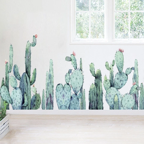 Watercolor Green Plant Cactus Wall Stickers For Kids Room Kindergarten Skirting Line DIY Removable PVC Home Decor Decals