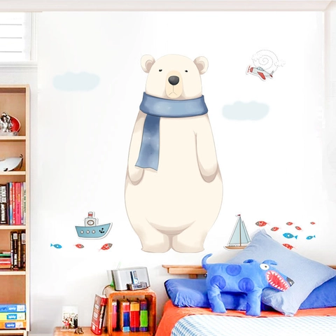 Adesivi Murali a Forma di Orso Polare in PVC Removibili Aereo Nave Pesce Nuvole DIY per Cameretta Bambini Decorazione Casa