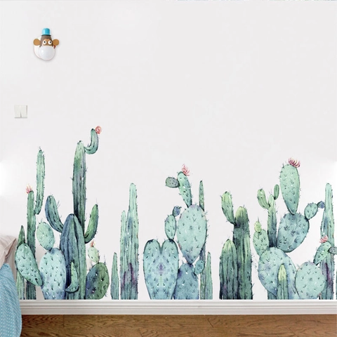 Watercolor Green Plant Cactus Wall Stickers For Kids Room Kindergarten Skirting Line DIY Removable PVC Home Decor Decals