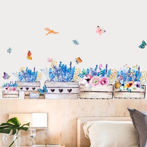 Adesivi da Parete in PVC Acquerello Lavanda Fiori Farfalla Decalcomanie Removibili per Camera dei Bambini Soggiorno Casa